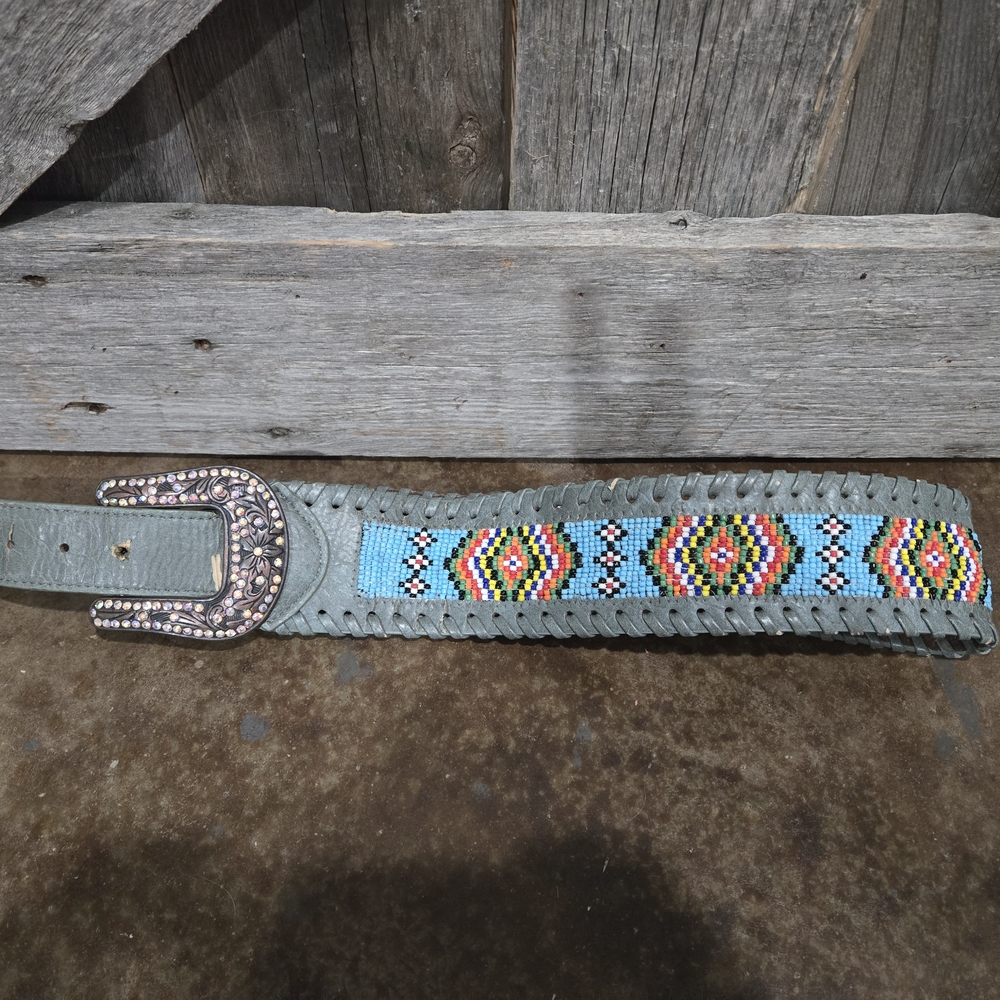 Beaded Leather Belt with Rhinestone Buckle